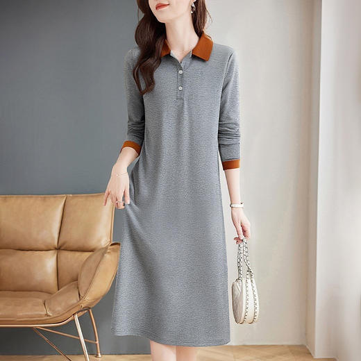 撞色翻领长袖连衣裙女春季新款休闲运动T恤大码宽松显瘦直筒裙子 商品图1