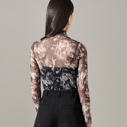 芳外新款高级感网纱薄款长袖内搭T恤水墨打底衫上衣8I23DT1471 商品图2