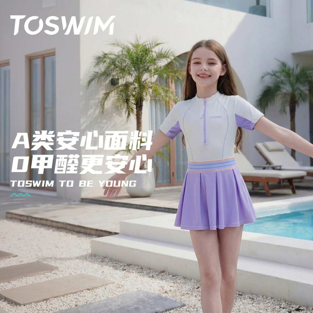 【TOSWIM泳衣】女童连体泳衣青少年泡温泉裙式游泳衣速干防晒儿童泳装棉棉藤花