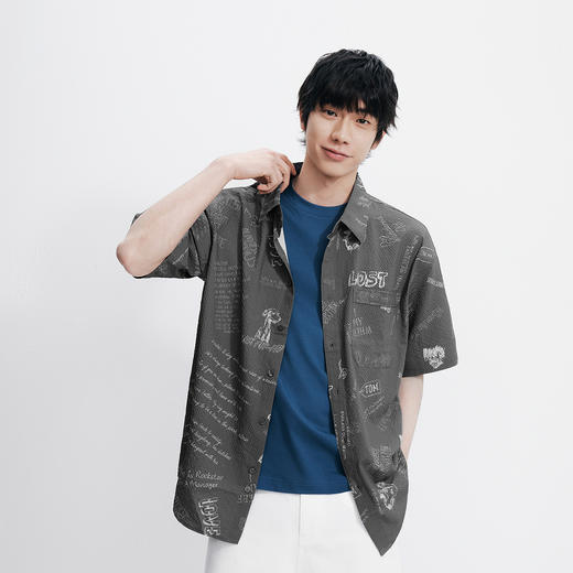 森马短袖衬衫男夏季满印泡泡肌理衬衣休闲度假风上衣时髦个性开衫 商品图2