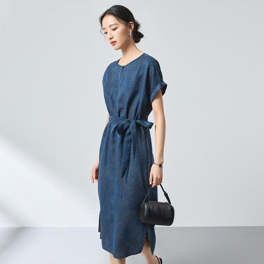 桑蚕丝新中式红云纱牛仔连衣裙，系带开叉裙子SM-1682501859 商品图1