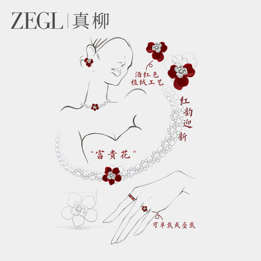 ZEGL新年红运繁花系列人造珍珠项链女轻奢小众红色花朵颈链锁骨链 商品图3
