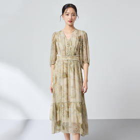 100%桑蚕丝新中式乔其纱，真丝印花连衣裙显瘦轻奢优雅SM-1682501183