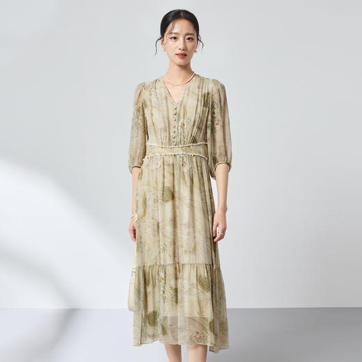 100%桑蚕丝新中式乔其纱，真丝印花连衣裙显瘦轻奢优雅SM-1682501183 商品图0
