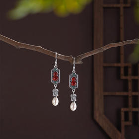 子佩集【福禄欢喜】S925银耳环【ES01253】仿古花丝葫芦珍珠玛瑙2509