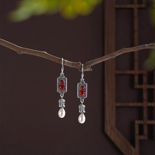 子佩集【福禄欢喜】S925银耳环【ES01253】仿古花丝葫芦珍珠玛瑙2509 商品图0