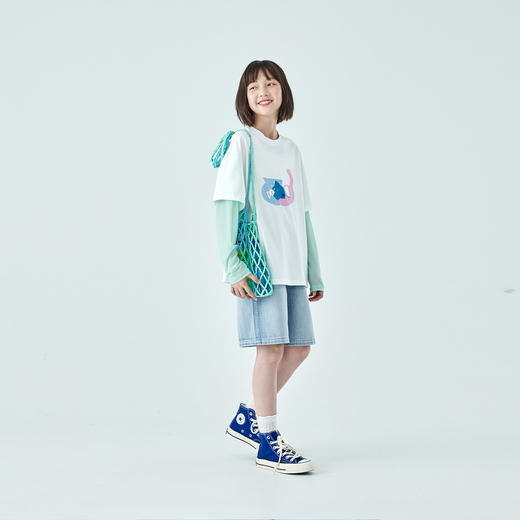 棵初26年夏季新款女童猫咪印花假两件拼色T恤凉感7A抗菌防晒上衣 商品图1