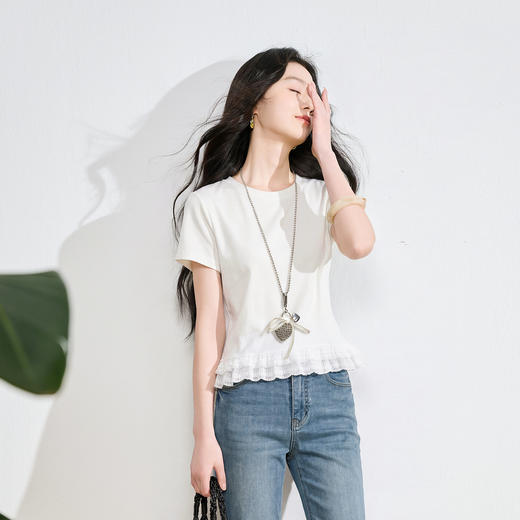 【莱赛尔】三彩2026夏季新款修身花边T恤圆领正肩短袖上衣套头衫S 商品图1