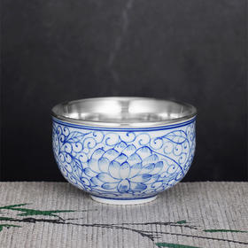 子佩集S990【新荷初绽】摆件【QF001】纯银茶具青花莲花茶杯纯银内胆景德镇手绘2508