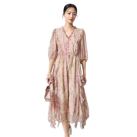 100%桑蚕丝仙气真丝碎花连衣裙，荷叶边气质茶歇裙SM-1682501279 商品图4