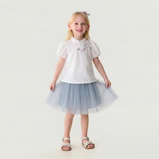 【透气亚麻】马克珍妮诗意江南女童网纱旗袍套装2026年夏装新款561039 商品图1