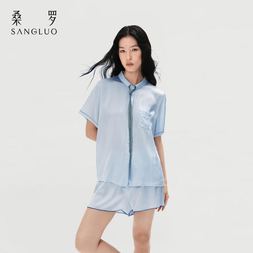 学院风』桑蚕丝家居服领带短袖套装女休闲宽松外穿 商品图3