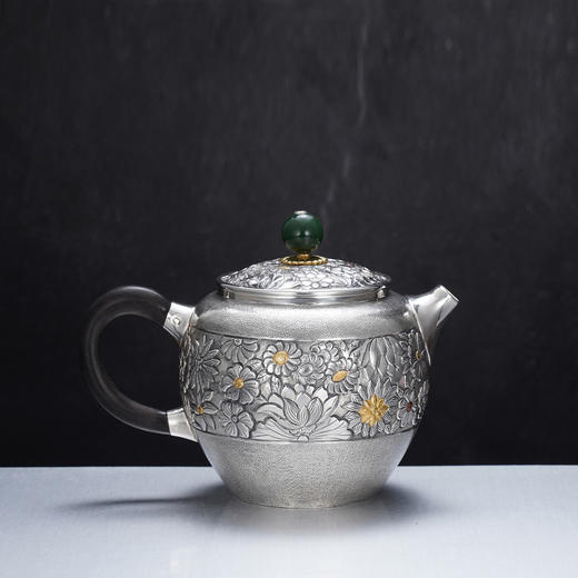 子佩集【花开福来】S999银摆件【ZJ037】茶具格桑花嵌金小茶壶2509 商品图3