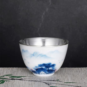子佩集S990【青松秀色】摆件【FP018】纯银茶具青花松树茶杯纯银内胆景德镇手绘2508
