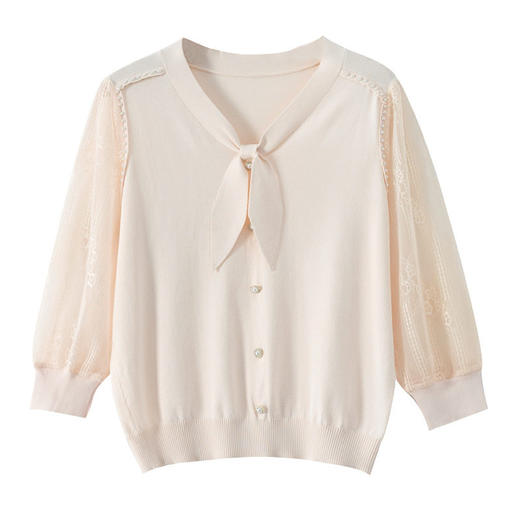 「自」全新升级【铂金会员192/天猫259/差价67】(01448)洛诗琳新款蕾丝七分袖针织衫女2026春季高级感凉感系带上衣 商品图4