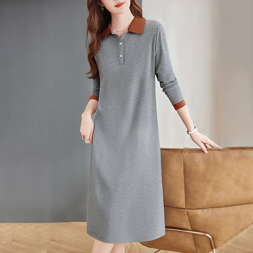 撞色翻领长袖连衣裙女春季新款休闲运动T恤大码宽松显瘦直筒裙子 商品图4