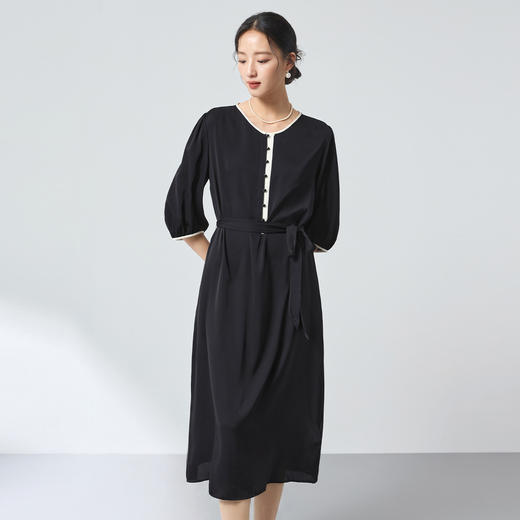 桑蚕丝通勤气质撞色连衣裙，弹力双乔收腰显瘦裙子SM-1682501161 商品图1