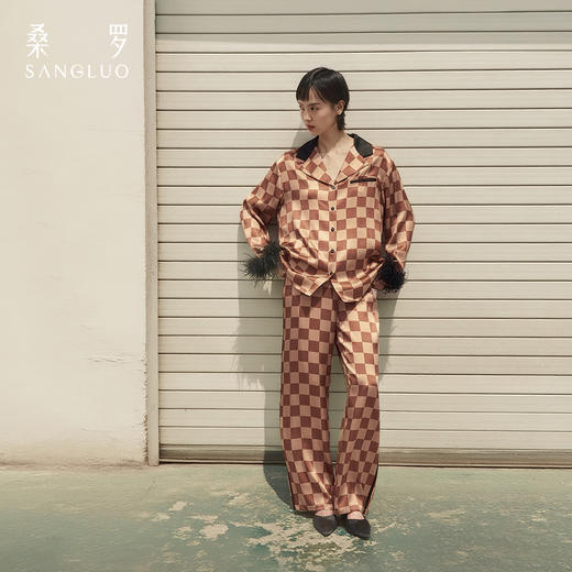 英伦复古』桑罗睡衣摩卡格纹羽毛舒适可外穿桑蚕丝家居服 商品图3