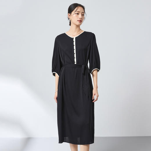 桑蚕丝通勤气质撞色连衣裙，弹力双乔收腰显瘦裙子SM-1682501161 商品图0