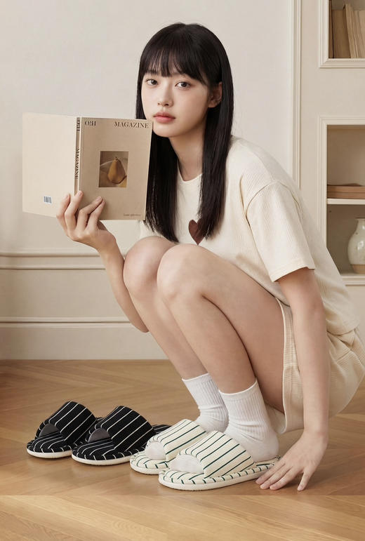 舒适防滑~简约条纹棉麻拖鞋女款室内家居四季软底地板防滑ins吸汗拖鞋布艺 商品图0