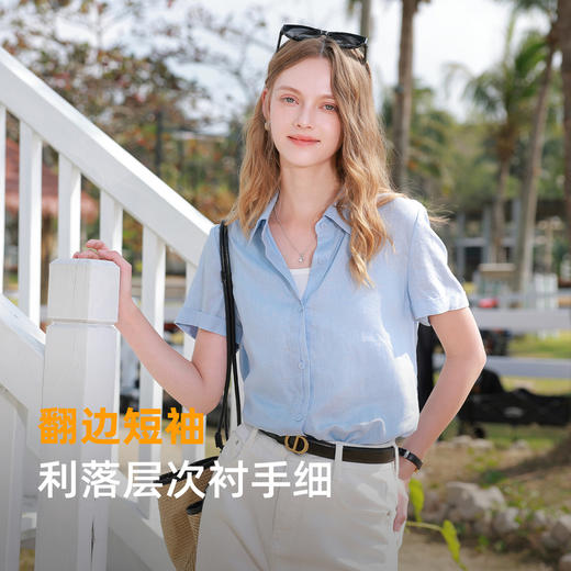 【100亚麻】三彩2026夏季新款纯色衬衫翻领宽松短袖衬衣极简风M 商品图2