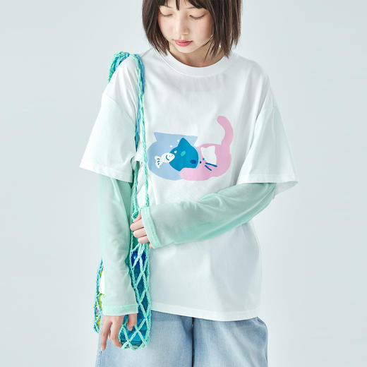 棵初26年夏季新款女童猫咪印花假两件拼色T恤凉感7A抗菌防晒上衣 商品图3