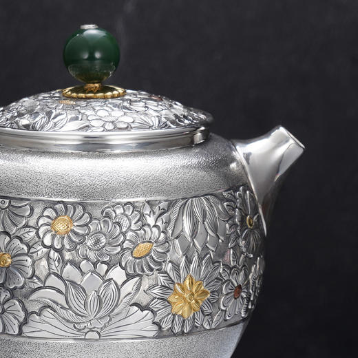 子佩集【花开福来】S999银摆件【ZJ037】茶具格桑花嵌金小茶壶2509 商品图5