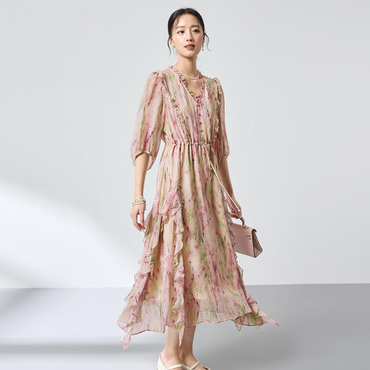 100%桑蚕丝仙气真丝碎花连衣裙，荷叶边气质茶歇裙SM-1682501279 商品图2