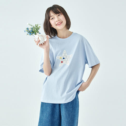 棵初26年夏新款亲子中大女童胸前镂空幸运星短袖轻薄针织宽松T恤 商品图2