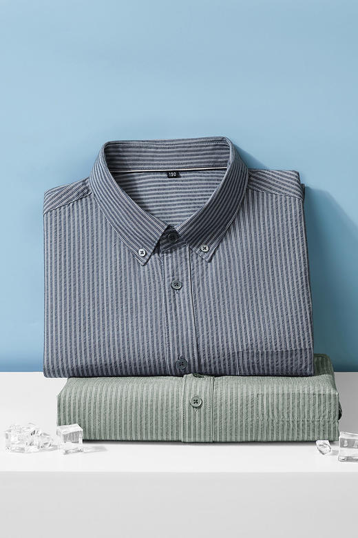 【DM】大依优型大码男装夏季竖条纹短袖衬衫商务休闲棉质翻领上衣T恤320 商品图5