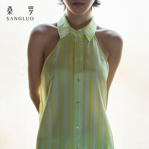 清醒柠檬』桑罗度假条纹衬衫桑蚕丝可拆卸袖上衣长裤可选 商品图2