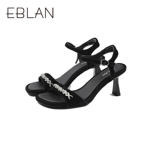 伊伴2026夏季新职场闺房风水钻一字带真皮高跟鞋B26366120 商品图4