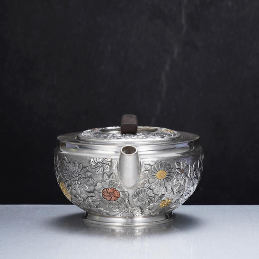 子佩集【花开福瑞】S999银摆件【ZJ039】茶具花朵嵌金平盖小茶壶2509 商品图5