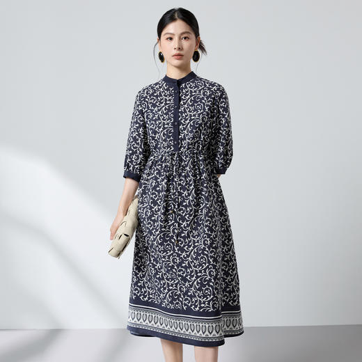 桑蚕丝真丝弹力双绉立领缠枝，印花连衣裙显瘦气质裙SM-1682662655 商品图2