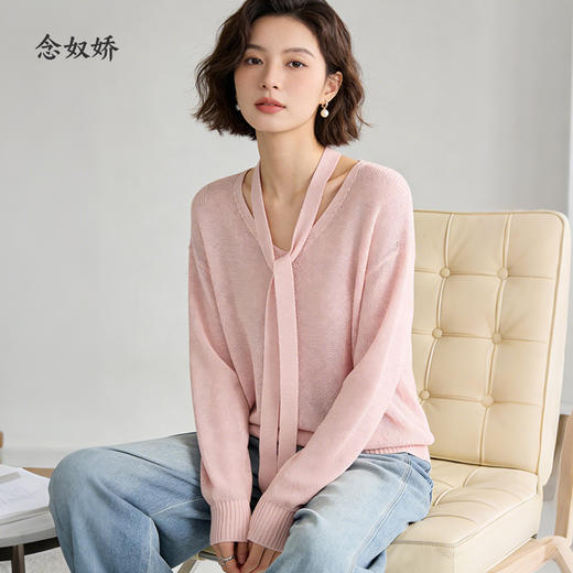 【商场同款】CNK6346 “ 飘带V领毛衫 ”天然亚麻材质 干爽舒适 宽松版型舒适自在 商品图9