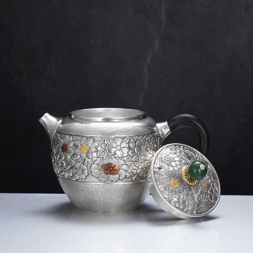 子佩集【花开福来】S999银摆件【ZJ037】茶具格桑花嵌金小茶壶2509 商品图7