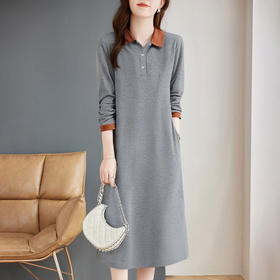 撞色翻领长袖连衣裙女春季新款休闲运动T恤大码宽松显瘦直筒裙子