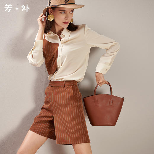 剩XL 芳外春季新款时尚套装拼接长袖衬衫条纹直筒短裤两件套女0194 商品图0