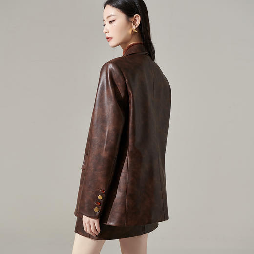 芳外新款美拉德PU皮革西装摩登复古高级感皮革外套女8I23DW1564 商品图3