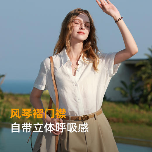 【100亚麻】三彩2026夏季新款纯色衬衫翻领宽松短袖衬衣极简风M 商品图3