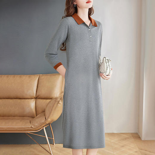 撞色翻领长袖连衣裙女春季新款休闲运动T恤大码宽松显瘦直筒裙子 商品图2