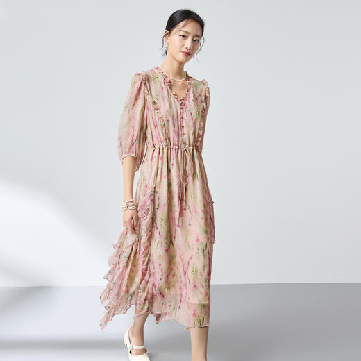 100%桑蚕丝仙气真丝碎花连衣裙，荷叶边气质茶歇裙SM-1682501279 商品图1