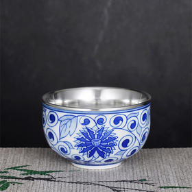 子佩集S990【清欢漫卷】摆件【QF004】纯银茶具青花藤蔓茶杯纯银内胆景德镇手绘2508