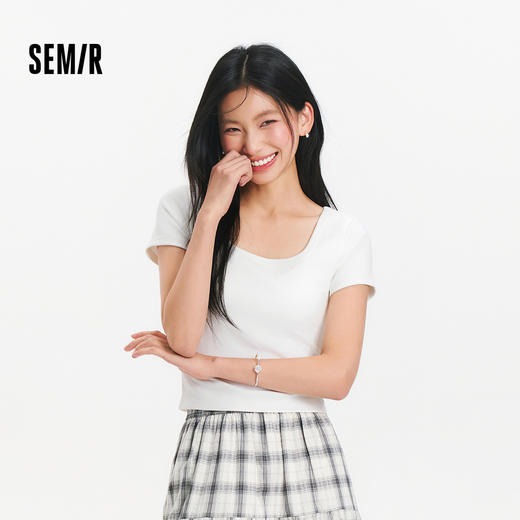 凉感T|森马短袖T恤女夏短款方领带胸垫紧身正肩显瘦百搭气质上衣 商品图1