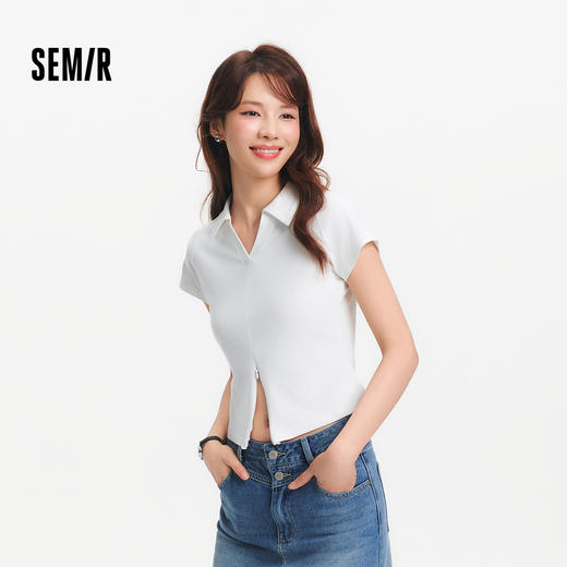 森马POLO衫女夏季短款插肩袖修身纯色小心机小性感简约风气质上衣 商品图0