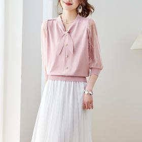 「自」全新升级【铂金会员192/天猫259/差价67】(01448)洛诗琳新款蕾丝七分袖针织衫女2026春季高级感凉感系带上衣