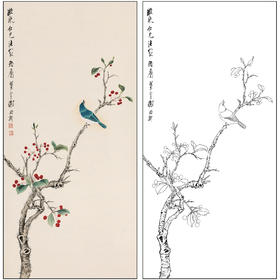 谢稚柳花鸟工笔画白描底稿《果熟来禽图》临摹勾线高清打印稿XZ56