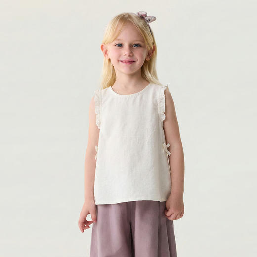 马克珍妮清凉亚麻女童花边蝴蝶结小衫2026年夏装新款560771 商品图1
