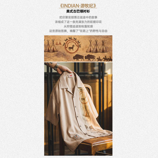 马登工装美式复古印花古巴领衬衫印第安薄款短袖棉衬衣外套男士夏 商品图2