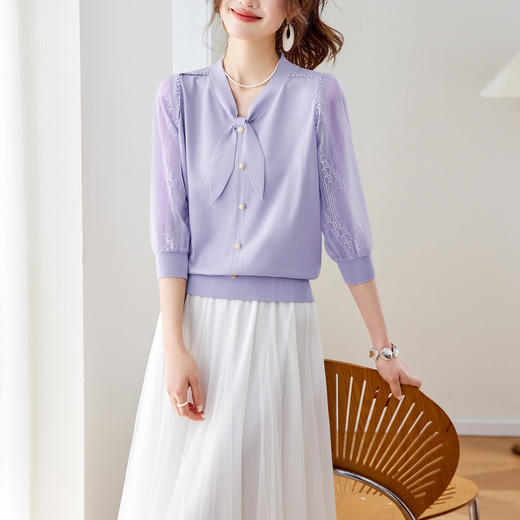 「自」全新升级【铂金会员192/天猫259/差价67】(01448)洛诗琳新款蕾丝七分袖针织衫女2026春季高级感凉感系带上衣 商品图1